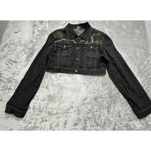 Clash Womens Cropped Embroidered Chambray Trucker Denim Jean Jacket Size‎ XL EUC